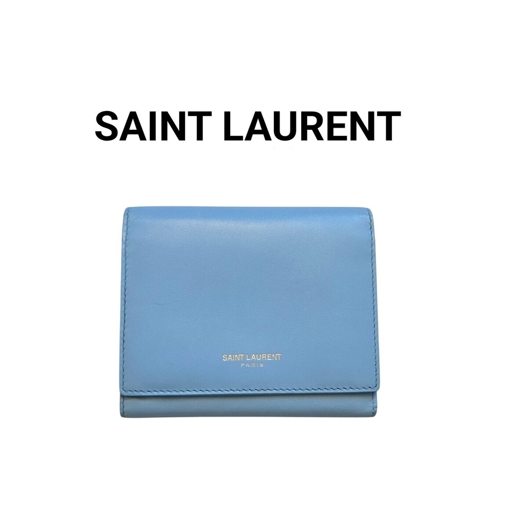 Saint Laurent Paris Blue Leather Trifold Wallet Gold Logo 328598-536078